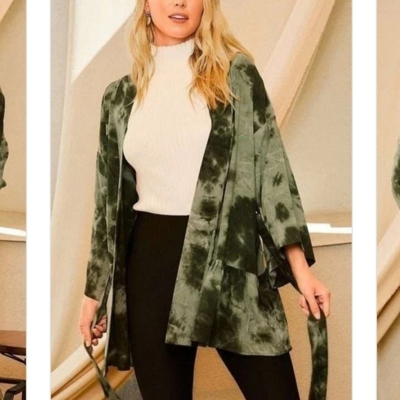 Olive Green Drop Shoulder Tie Dye Boho Open Kimono Lightweight Jacket Robe - Picture 5 of 11
